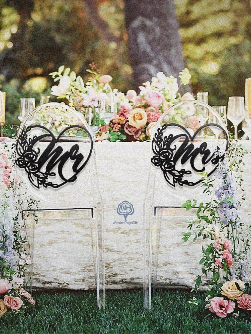 Mr & Mrs Black Heart Name chair decor - Elegant Script Design